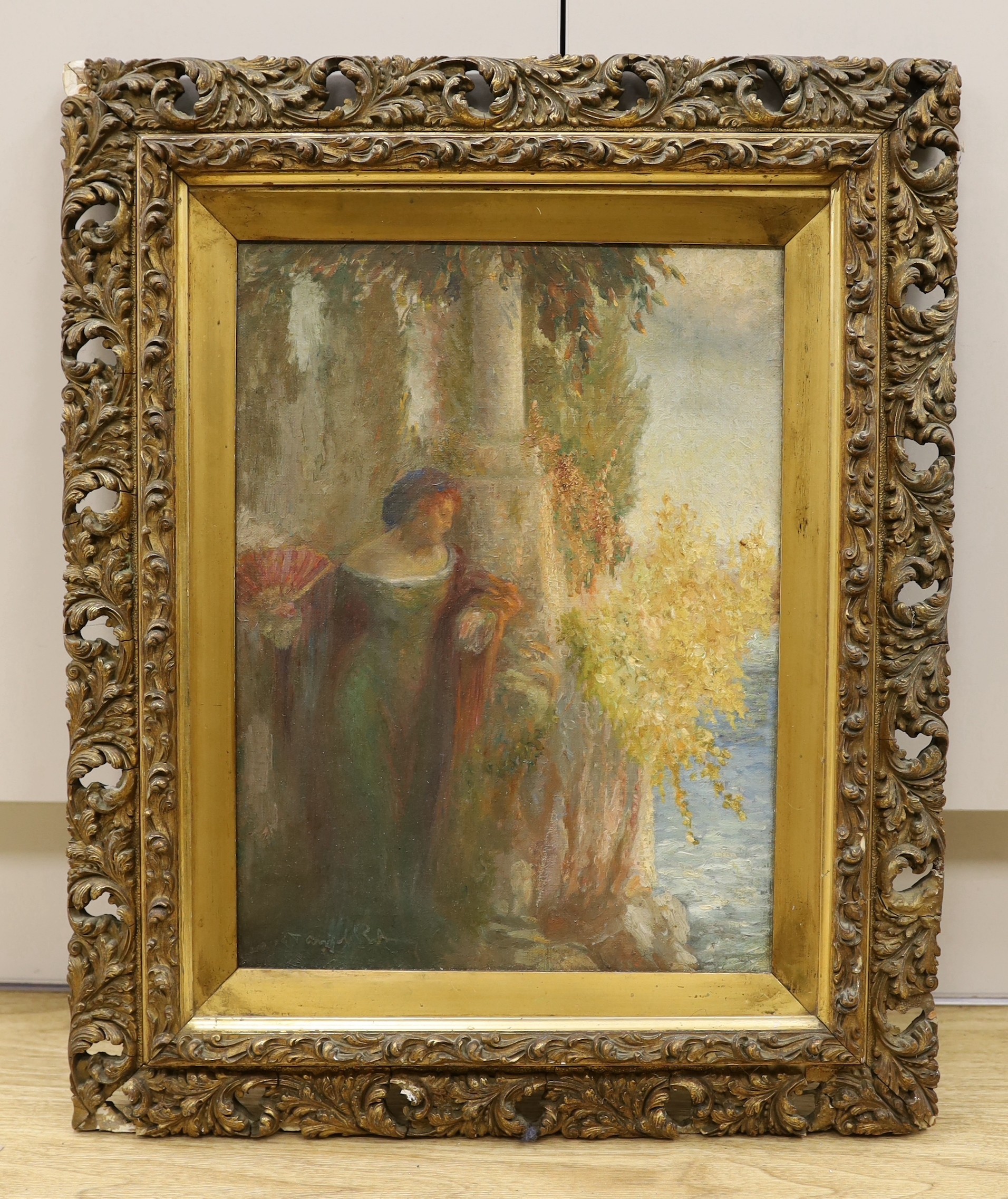 English School c.1900, oil on canvas, Italianate figure beside the shore, indistinctly signed, 40 x 29cm